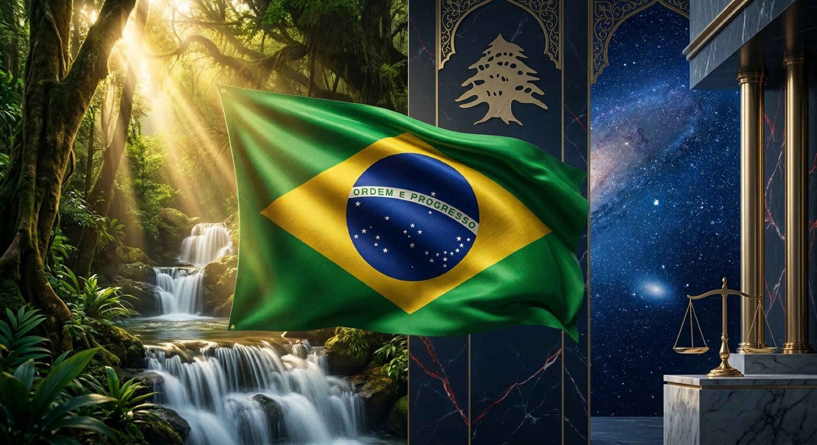 Brazilian flag with rainforest, Lebanese cedar, stars and scales of justice